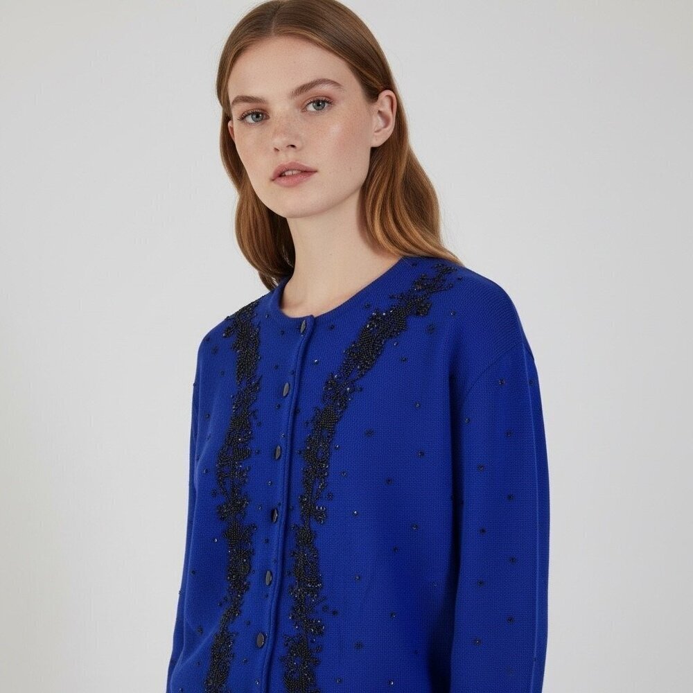 Vintage Classiques Entier Cobalt Blue Beaded Merino Wool Cardigan Sweater Large